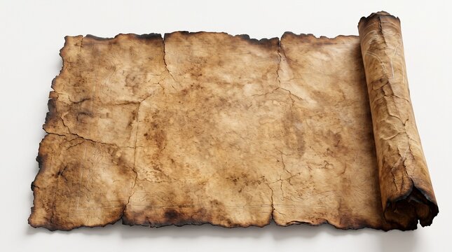 An aged vellum sheet with burnt edges rolled on one side against a white background with weathered parchment paper piece old weathered