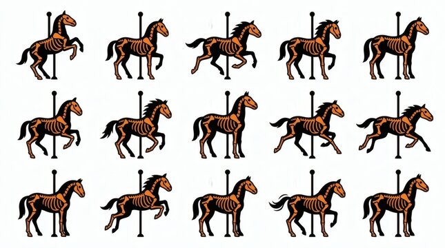 Black And Orange Two Tone Flat Vector Skeleton Carousel Horse Collection

