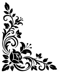 ​Elegant Floral Corner Ornament Vector Silhouette Illustration with Rose and Filigree Swirls Isolated on White Background for Vintage Border, Wedding Invitation, and Decorative Frame Designs © pungky
