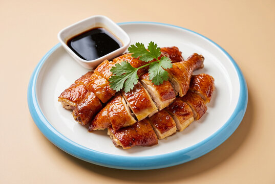 白い皿に盛り付けた切り分け済みの照り焼き風チキンと黒いたれ