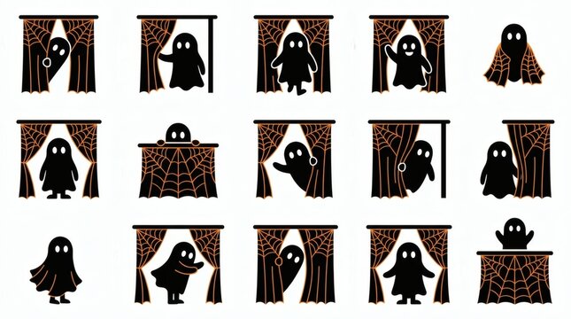 Black And Orange Two Tone Flat Vector Cobweb Curtain Ghost Greeters Collection

