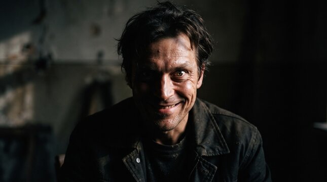 Creepy smile of an intense man looking from the shadows