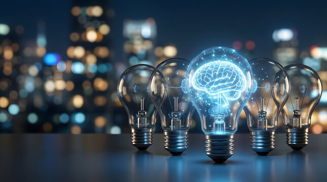 Conceptual visualization of artificial intelligence and creative thinking featuring a glowing digital brain inside a light bulb surrounded by glass bulbs against a bokeh city night background.