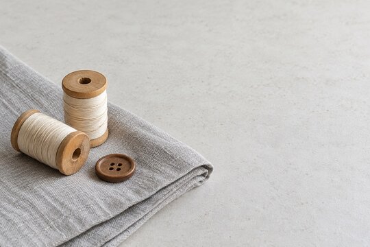 Wooden thread spools and a button on folded gray fabric