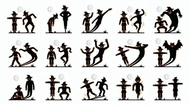 Black And Orange Two Tone Flat Vector Moonlit Scarecrow Shadow Duet Collection

