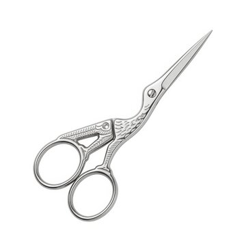 Commercial microstock image of a professional quality pair of scissors with a chrome finish, precision screws and a sleek, modern design, set against a white background with a hint of metallic sheen.