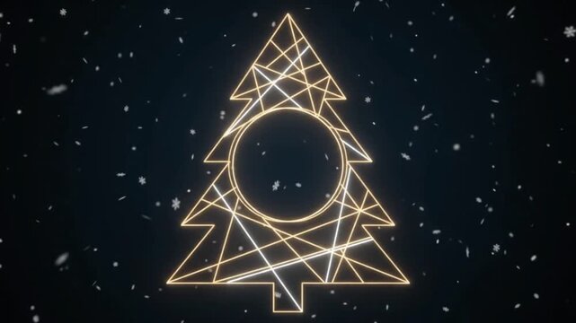 Golden geometric low poly Christmas tree silhouette with a central circle frame on a dark snow falling background