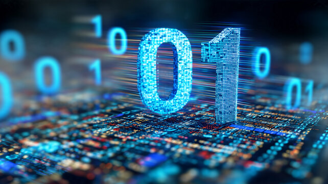 Large binary digits rising above a circuit board represent digital data processing and computer communication technology

