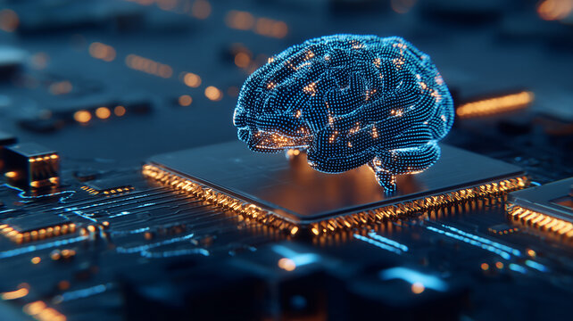 A digital brain positioned on a computer chip represents artificial intelligence neural processing and cognitive computing
