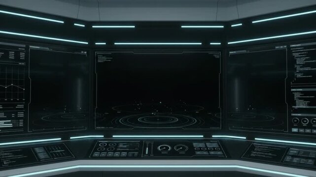 Futuristic sci-fi command center control room with glowing monitor screens and user interfaces