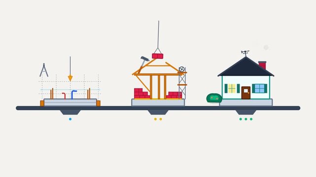 Animated 2d vector graphic showing three progressive stages of residential house construction from foundation to finished building