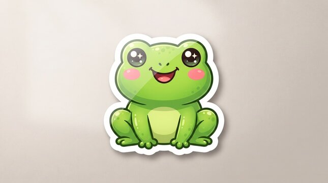 Cute bright green kawaii frog sticker illustration with sparkling eyes
