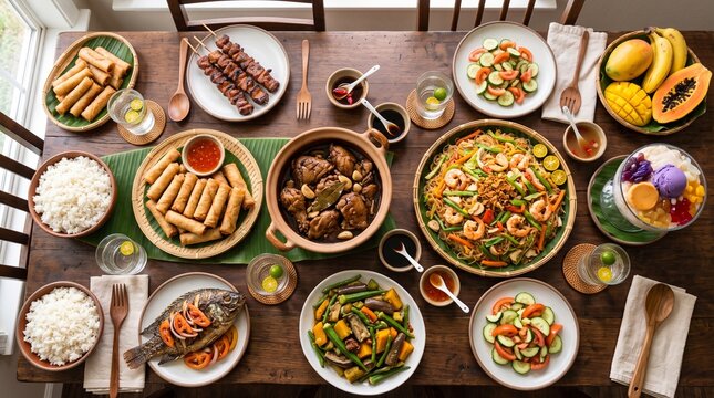 A generous Filipino food feast laid out on a wooden table, featuring adobo, lumpia, noodles, grilled fish, rice, salad, fresh fruit, and dessert.   