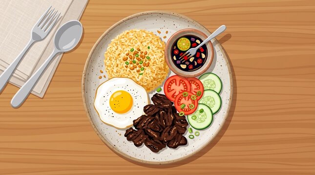 An illustrated Filipino breakfast silog platter with garlic fried rice, fried egg, marinated meat, tomatoes, cucumbers, and dipping sauce next to cutlery on a table.   