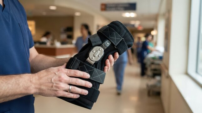 Medical professional holding a hinged knee brace in a hospital hallway representing orthopedic care