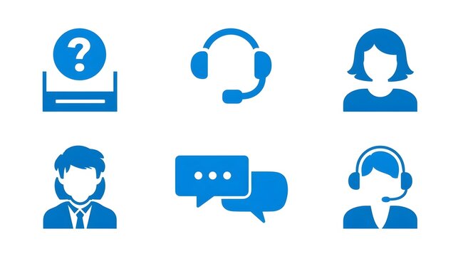 Customer support icon set. featuring help desk, call center, technical assistance, online chat, and service operator in blue flat design. Stock Vector