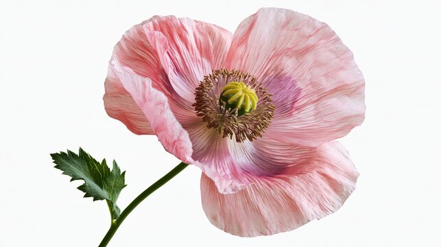 Single pink opium poppy flower with translucent, crinkled petals and a central green seed pod, isolated against a plain white