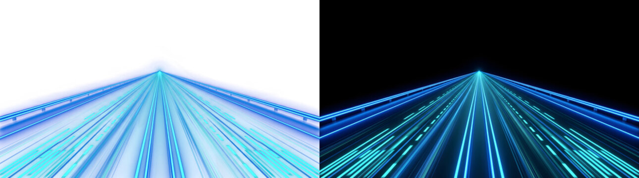 Digital Highway of glowing blue cyan lanes converging to a point for tech use with PNG, Transparent and Black Background Versions