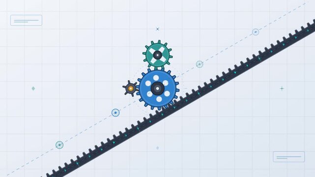 Animated blue and green mechanical gears rotating along a toothed track on a technical blueprint grid background