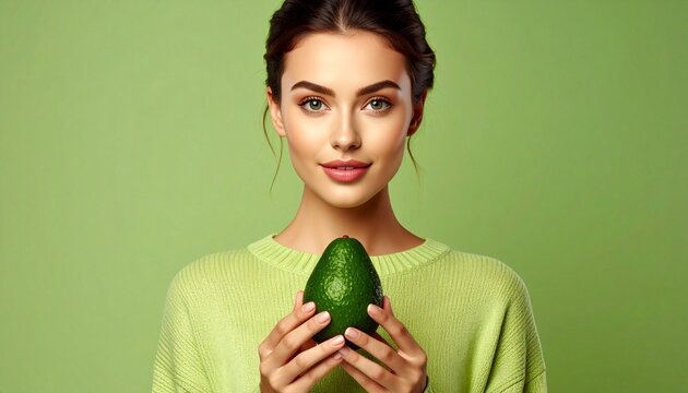 Young woman holding a fresh avocado against a green background with copy space