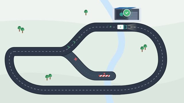 Animated delivery van driving along a winding road in a vector landscape