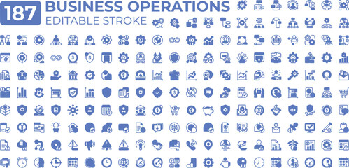 Fototapeta premium Business operations blue line icons set for company workflows team management and strategic growth.