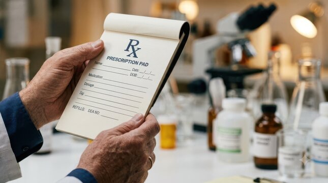 Doctor holding a blank prescription pad in a medical laboratory with chemical glassware