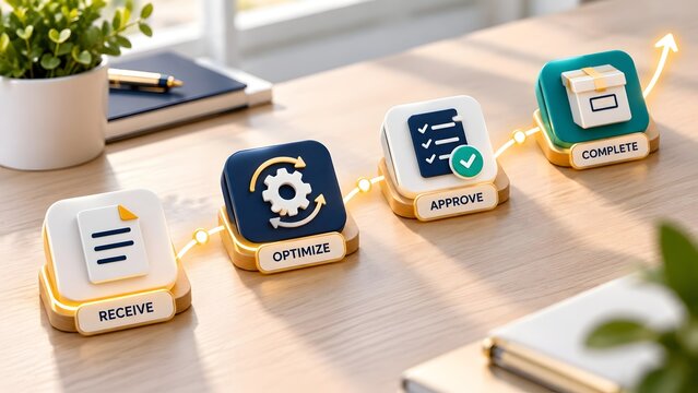 Workflow optimization and order processing completion concept with 3d icons and ascending arrow