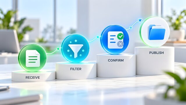 Content publishing workflow and data filtering process concept with 3d icons on staggered pedestals