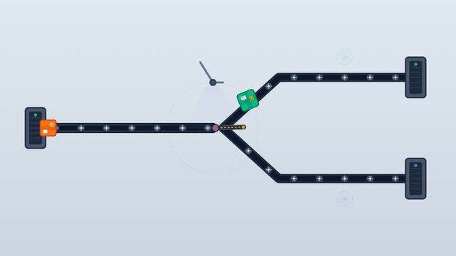 Animated infographic showing data packet routing through network servers