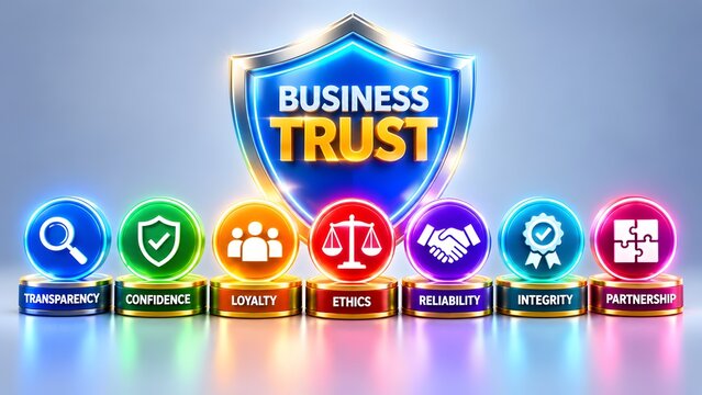 Blue shield and glowing icons representing business trust and core values. Concept of corporate governance, compliance, and brand reputation.