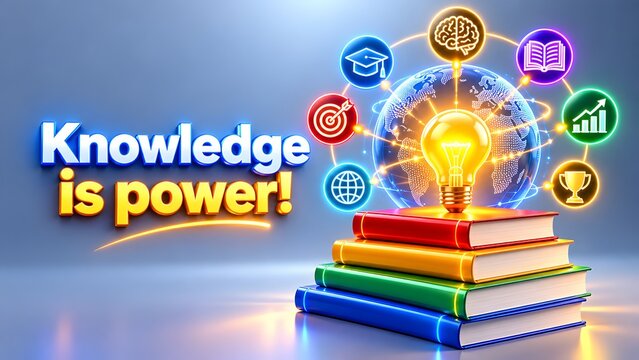 Stack of colorful books with a glowing lightbulb, digital globe, and education icons. Concept of corporate training and global e-learning.