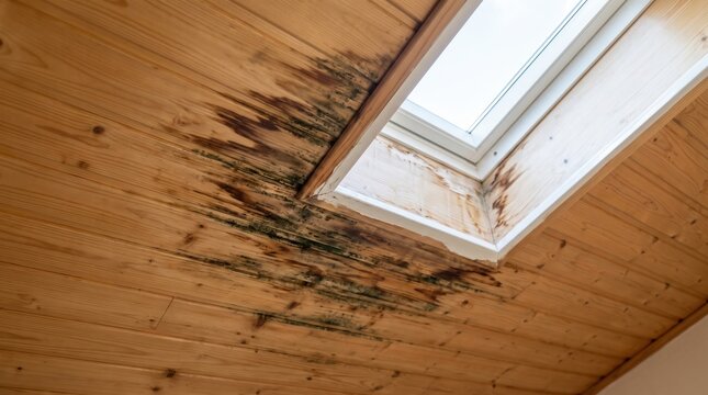 Water damage and mold growth on wooden ceiling near skylight