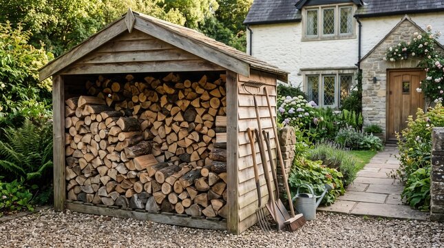 Wooden shed filled with stacked firewood in a garden setting