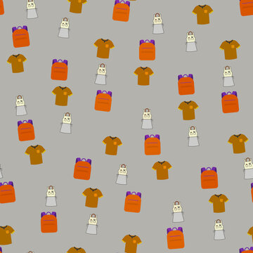 Seamless pattern of t-shirts, backpacks, and aprons