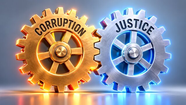 Interlocking gold and silver gears with corruption and justice text. Concept of corporate governance, legal compliance, and business ethics.