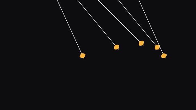 Abstract pendulum motion with five yellow weights swinging on white strings over black background clip