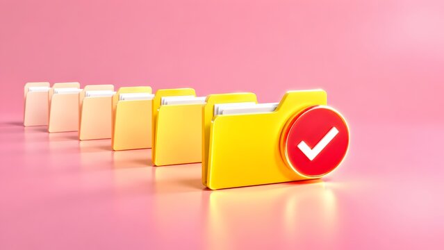 Yellow document folders lined up on a pink surface with a red checkmark badge. Concept of quality assurance and administrative approval.