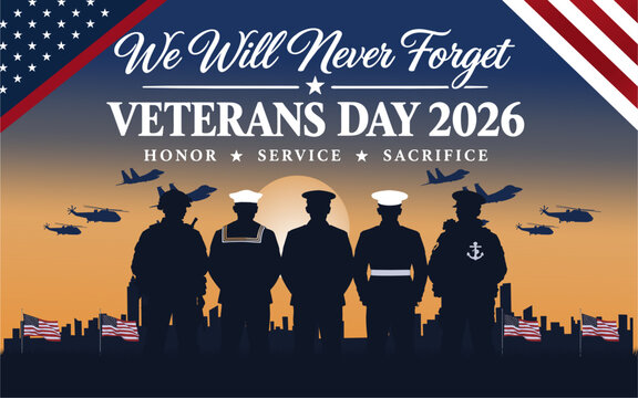 Veterans Day 2026 patriotic tribute honoring American military veterans with service member silhouettes, aircraft, and American flag elements symbolizing honor, remembrance, service, and sacrifice.