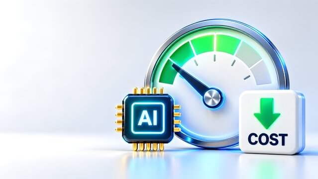 Microchip processor next to a green speedometer gauge and downward cost icon. Concept of operational efficiency and financial optimization.