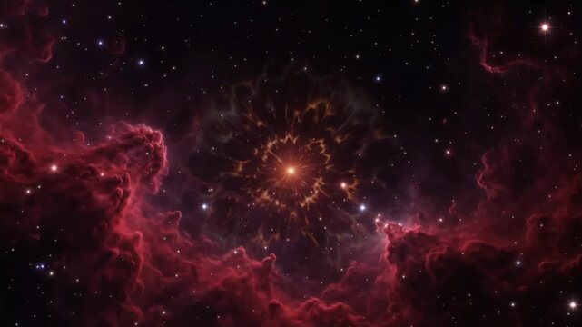 Cosmic deep space scene with a glowing bright star center and dark red nebulae clouds
