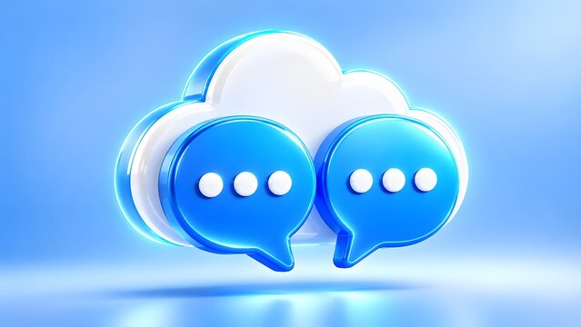 White cloud with two glowing blue chat bubbles on a studio background. Concept of cloud communication, customer support, and digital messaging.