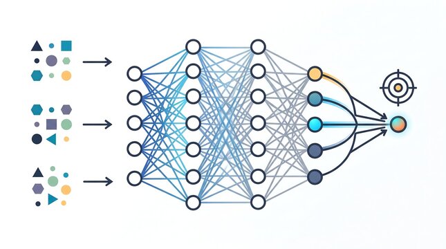 Artificial neural network diagram processing unstructured data input to targeted output classification model.
