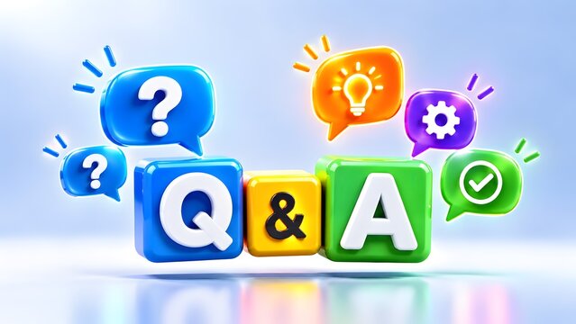 Colorful cubes with question and answer letters surrounded by speech bubbles. Concept of interactive helpdesk, knowledge base, and consultation.