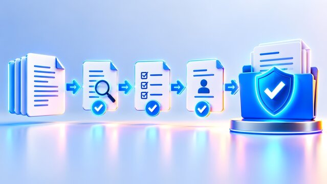 Document icons with arrows leading to a blue folder and security shield. Concept of compliance audit, data verification, and cyber security.