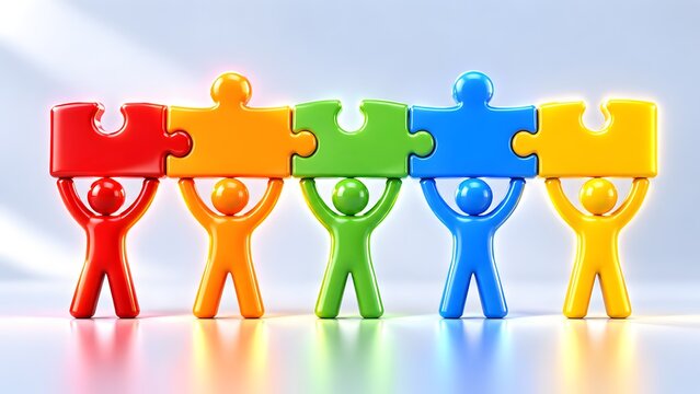 Colorful figures holding connected jigsaw puzzle pieces in a line. Concept of corporate teamwork, workplace diversity, and strategic partnership.
