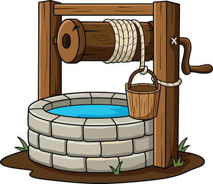Vintage Stone Water Well Vector Illustration with Wooden Crank Mechanism Rope and Bucket for Fairy Tale Books Video Games and Village Landscape Designs