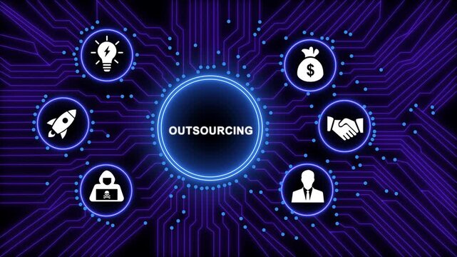 Digital outsourcing concept infographic featuring glowing circuit board background, with animated representing, business strategy, global, talent management, financial, growth, and cyber security
