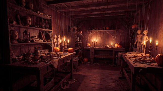 Spooky antique puppet maker workshop interior with wooden marionettes and Halloween pumpkins