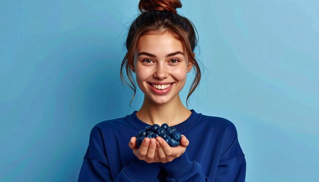 Young woman holding fresh blueberries for healthy living concept with copy space